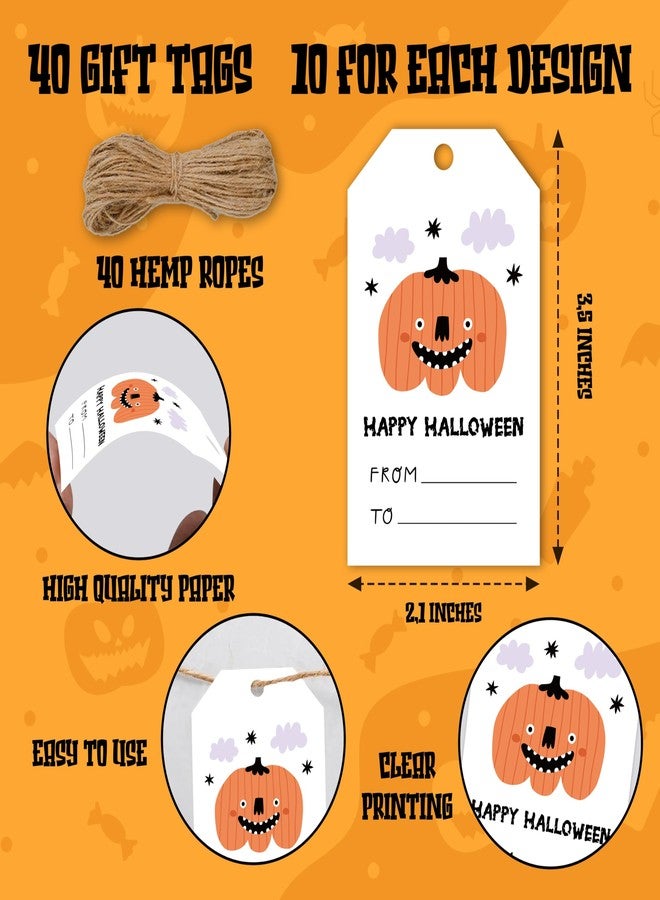 Cazhes Halloween Paper Gift Tags, 40 Pcs Pumpkin Halloween Tags with String, Trick or Treat Name Tag for Candy, Ghost Gifts Wrapping for Party Decoration Supplies - A01 - Image 2
